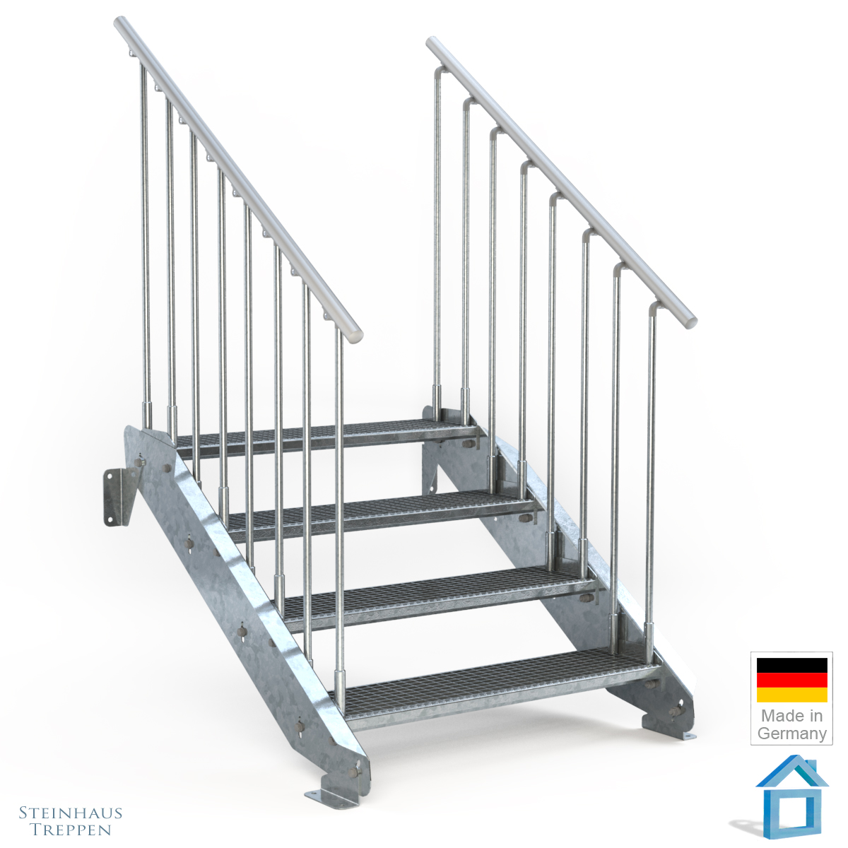 Außentreppe Stahl mit 4 Stufen in 100 cm Breite bis 110 cm Höhe, Gitterrost