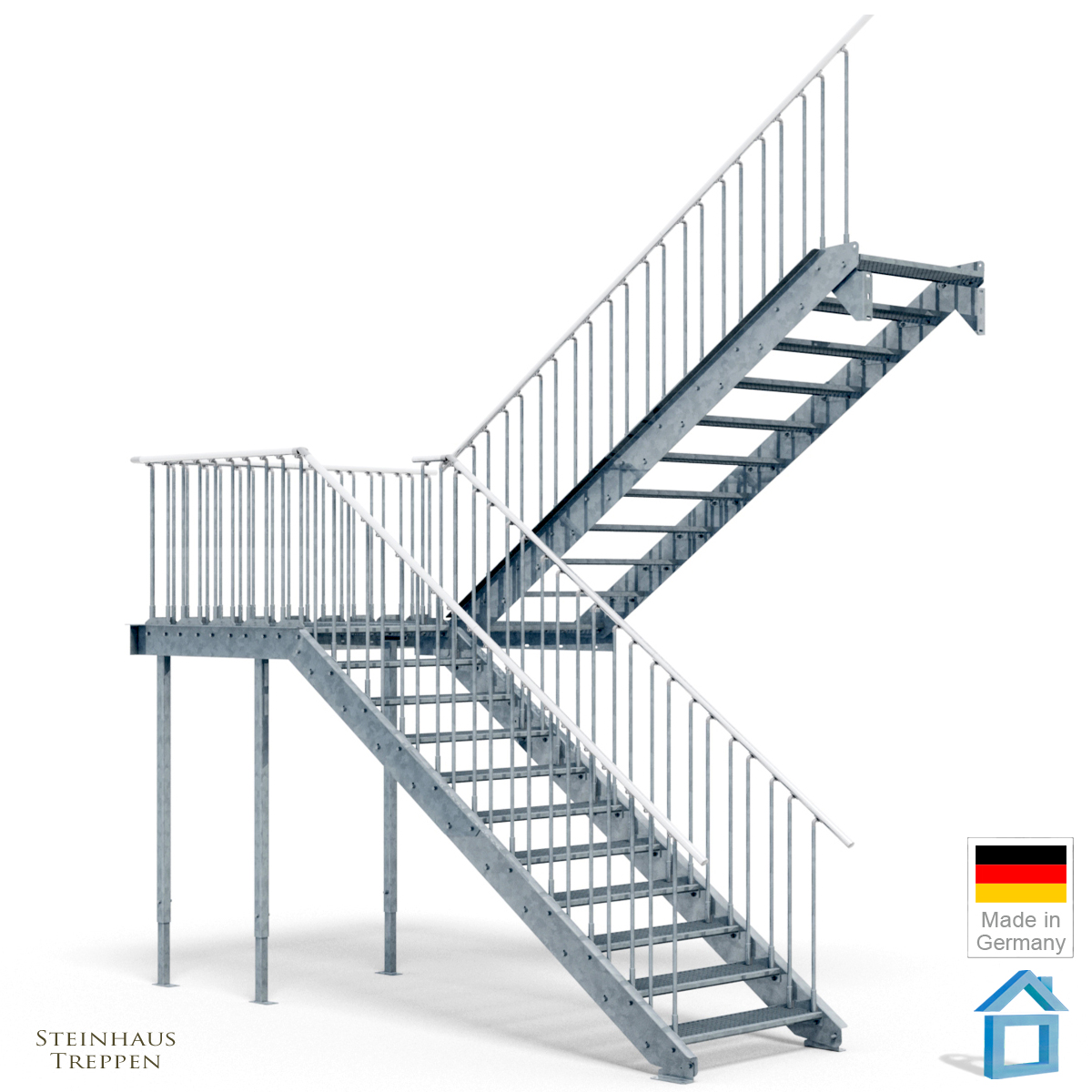 Außentreppe Stahl Bausatz mit MittelPodest, zum 2. Stockwerk mit DIN