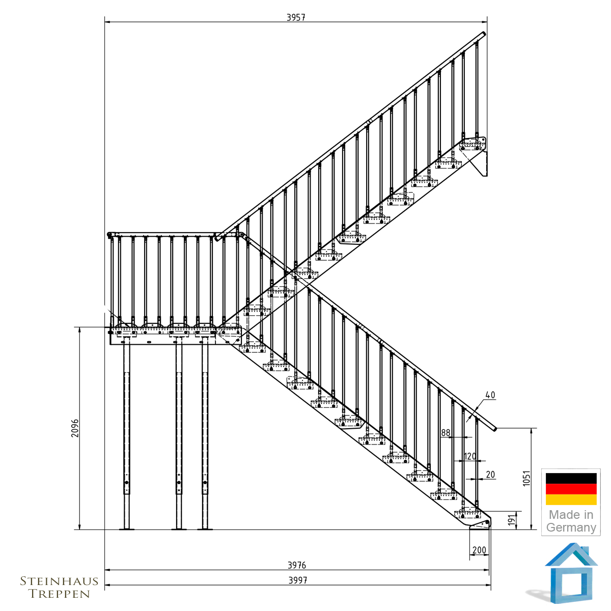 Außentreppe Stahl Bausatz mit MittelPodest, zum 2. Stockwerk mit DIN