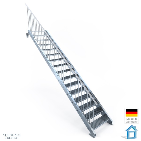 Stahltreppe 16 Stufen in Normbreiten 80 cm, Geländer links