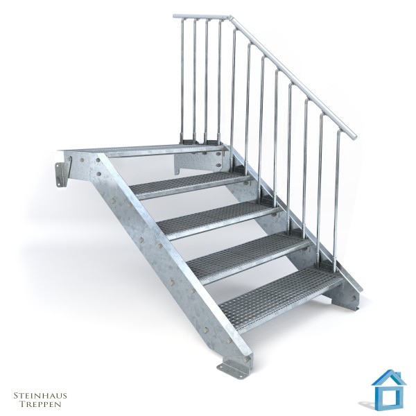 Din Treppen Zugangstreppe GH 100 cm mit Geländer in 100 cm Breite und Podeststufe