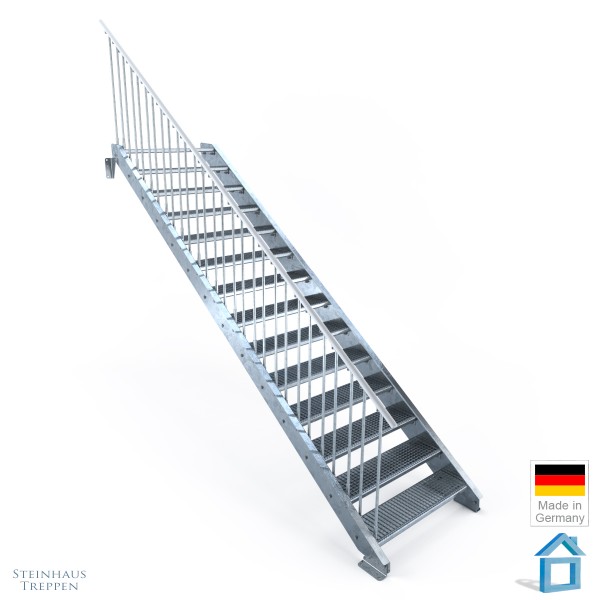 Stahltreppe 14 Stufen in Normbreiten 80 - 100 - 120 cm, Geländer links