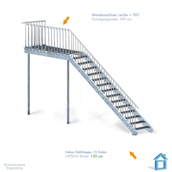 Stahltreppe 15 Steigungen | 120 cm Breite | Anbau rechts | Podest 189 cm | 2 Geländer