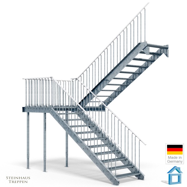 Außentreppe Stahl Bausatz mit MittelPodest, zum 2ten Stockwerk mit DIN