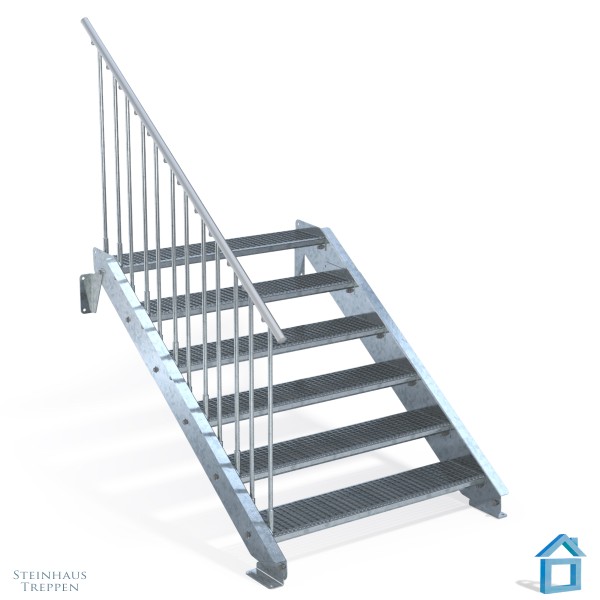Stahltreppe 6 Stufen, 150 cm Stufenbreite mit Geländer links