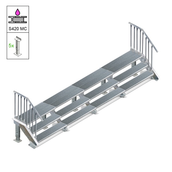 Breite Stahltreppe aus Segmenten 4 x 120 cm gekoppelt mit Bodenstützen und Podest 54 x 480 cm