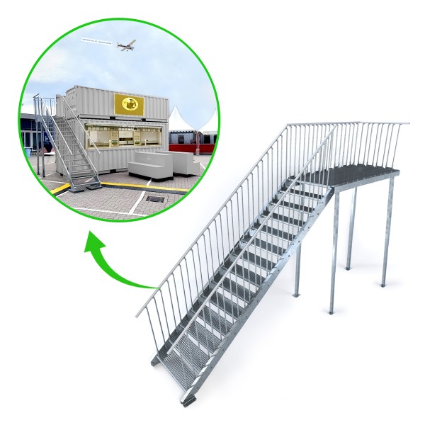 Fertigtreppe Komplett Bausatz OPTIGO am zweistöckigem Eventcontainer