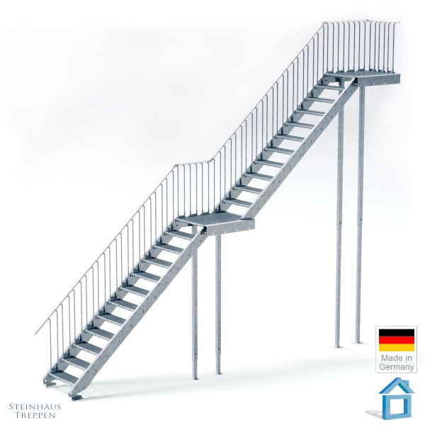 Stahltreppe gerade 120 cm Breite, mit Zwischenpodest ab GH 414 cm