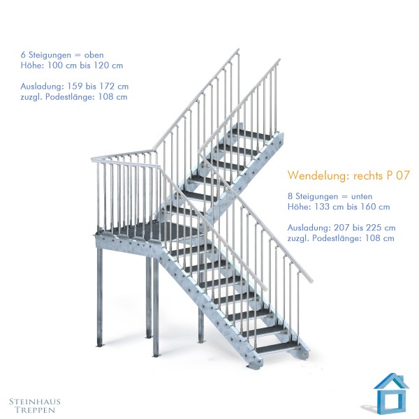 Außentreppe gewendelt 100 cm Breit GH ab 66 bis 400 cm mit Eckpodest