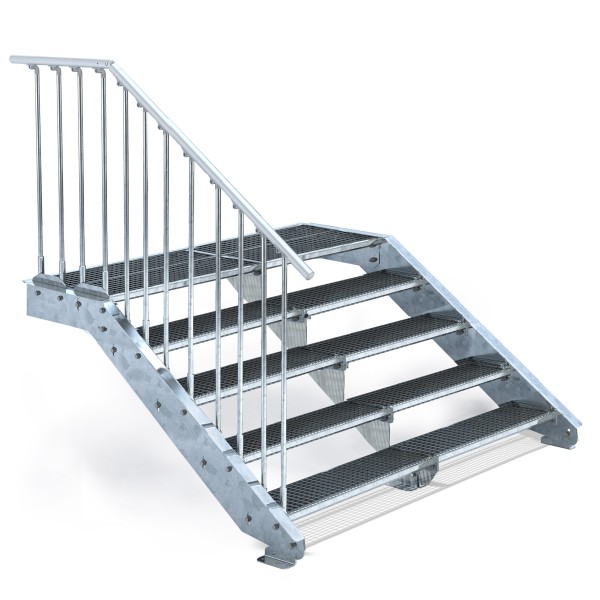 Stahl Treppe 5 Stufen 200 cm Breite mit Podest 54 cm + Geländer links
