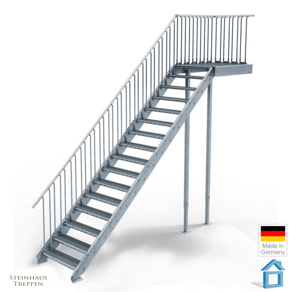 Außentreppe Stahl mit 16 Steigungen in 80 cm Stufenweite mit Podest