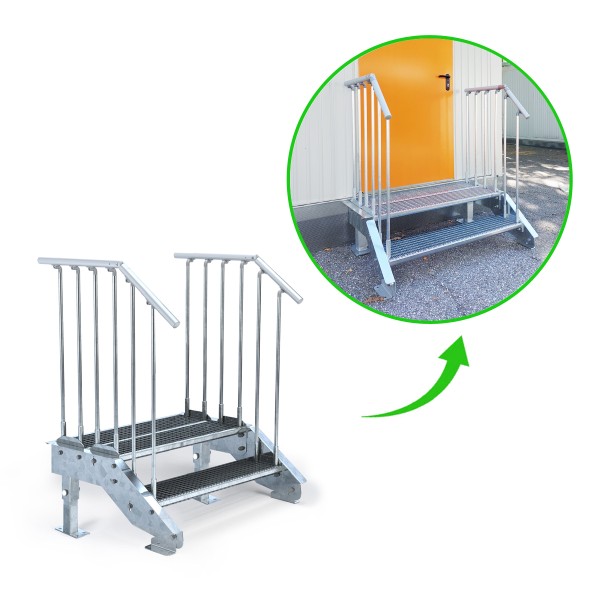 OPTIGO Stahltreppe, freistehend 2 Stufen mit Treppenkopf 54 cm, beidseitiges Geländer als Fertigbausatz