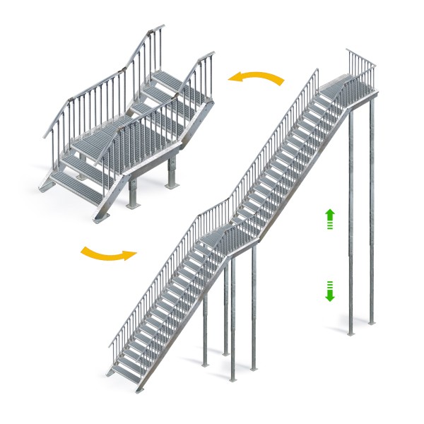 Variabler Stahlbausatz Treppe ab 6 Stufen bis 34 Steigungen konfigurieren, optional mit Ausstiegspodest oben