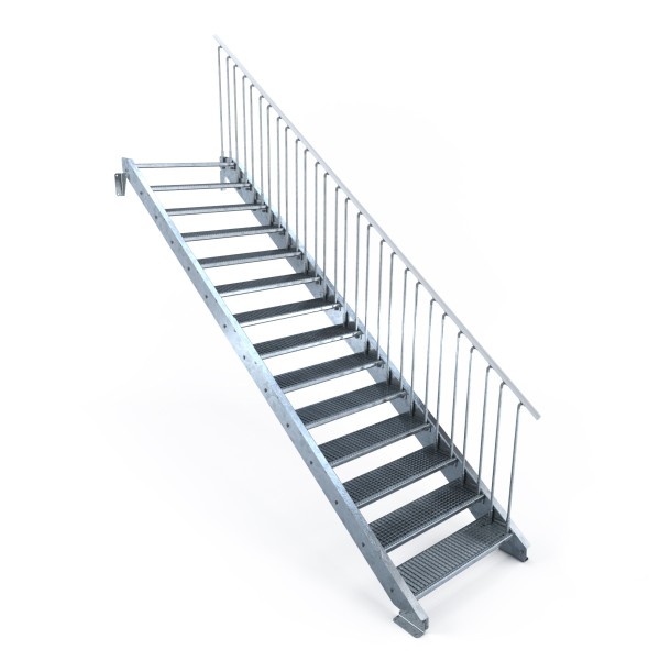Stahltreppe 14 Stufen in Normbreiten 80 - 100 - 120 cm, Geländer rechts