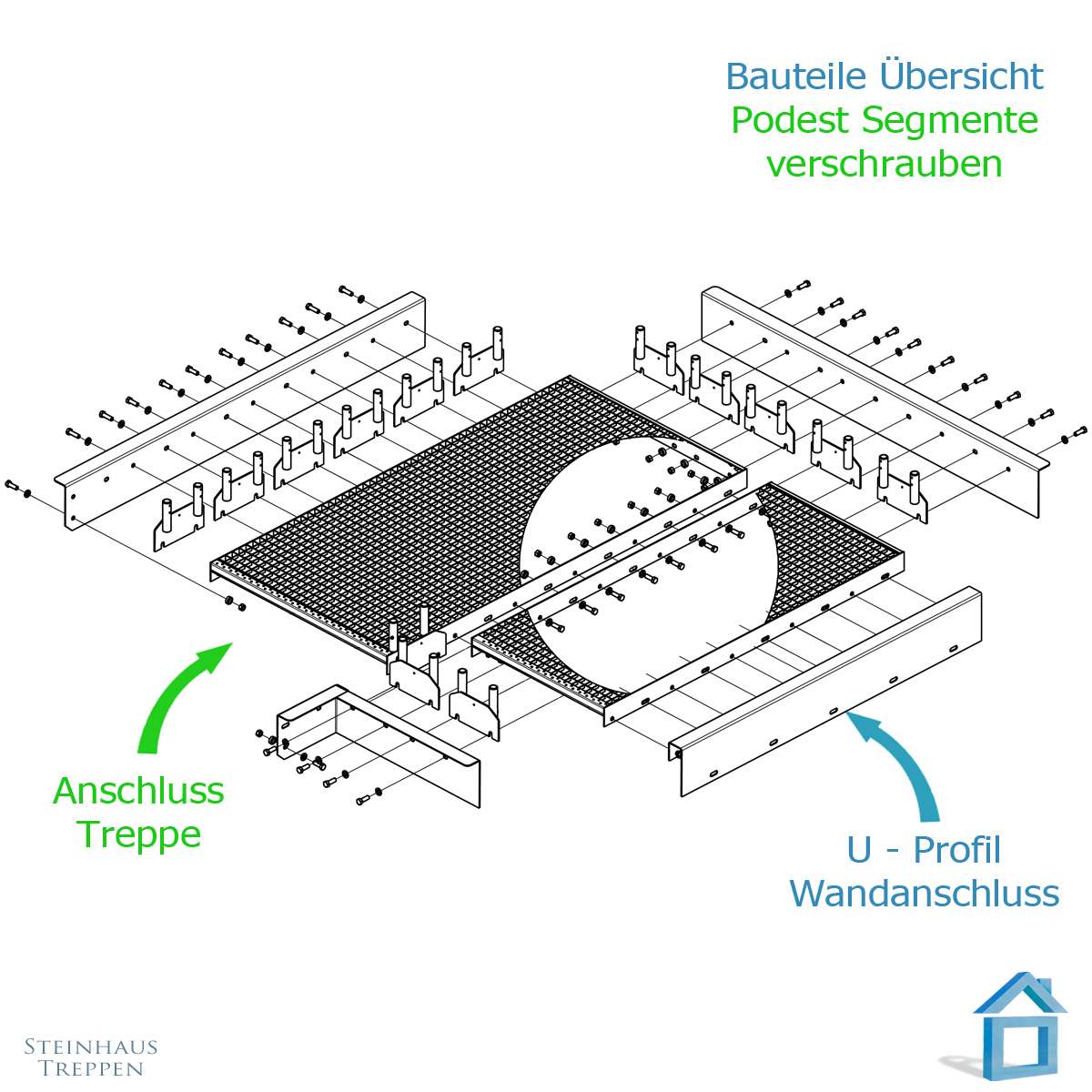 Stahlpodest freistehend auf Bodenstützen mit Treppe komplett | Steinhaus  Treppen - Modul Stahltreppen