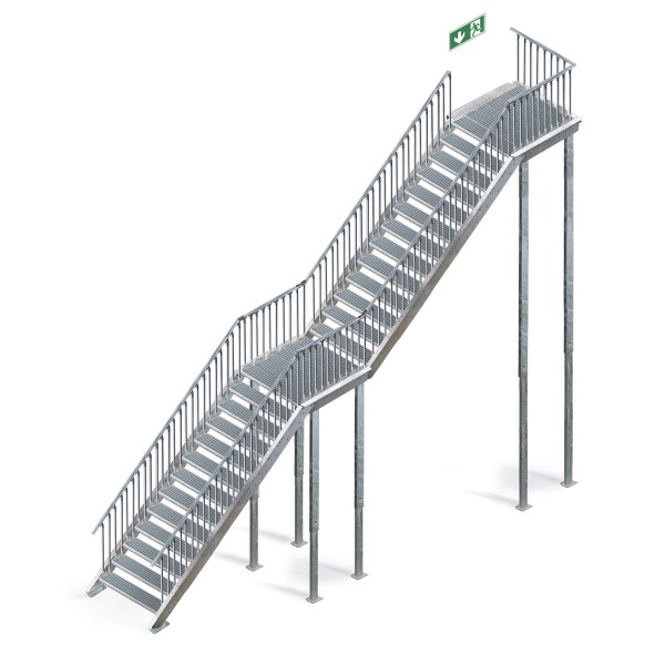 Stahltreppe 26 Stufen mit Zwischenpodest ab 431 bis 494 cm plus Abschluss-Podest: Anbau links
