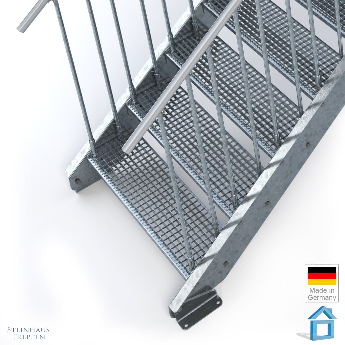 feuerverzinkte Stahltreppe mit 900 mm Stufenlänge als montagefertiger Bausatz Anstellhöhe variabel von 62 cm bis 84 cm Außentreppe 4 Stufen 90 cm Laufbreite Gitterroststufe ST1 ohne Geländer