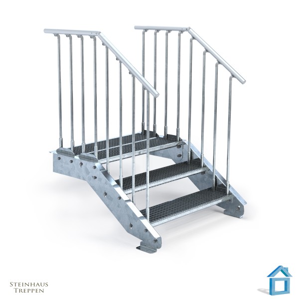 Stahltreppe mit Podeststufe, 3 Stufen | 2 Geländer