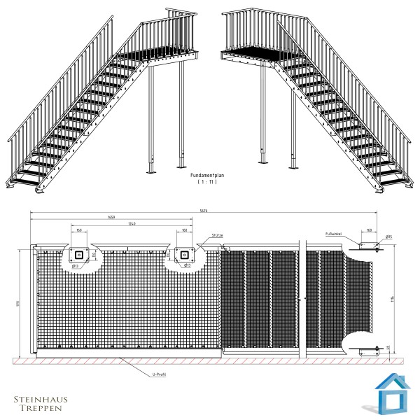 Stahltreppe 15 Steigungen Aufgang mit Podest Vorbau und