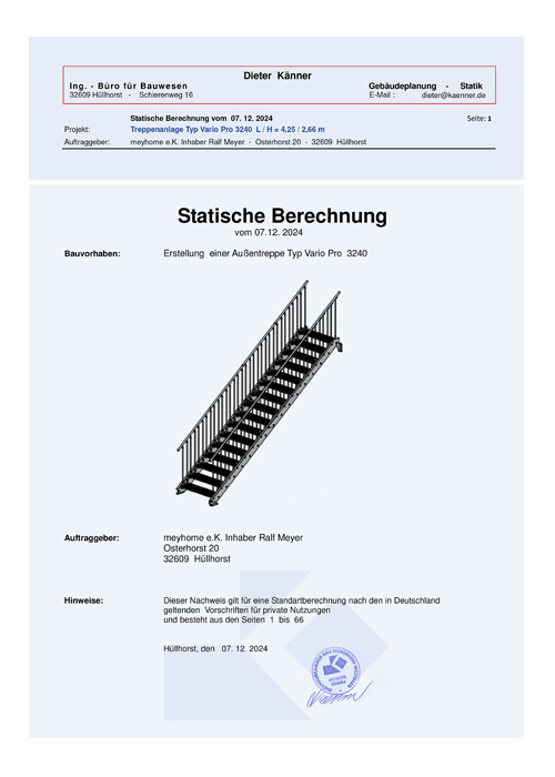 Geprüfte Statik OPTIGO Treppe nach DIN 18065