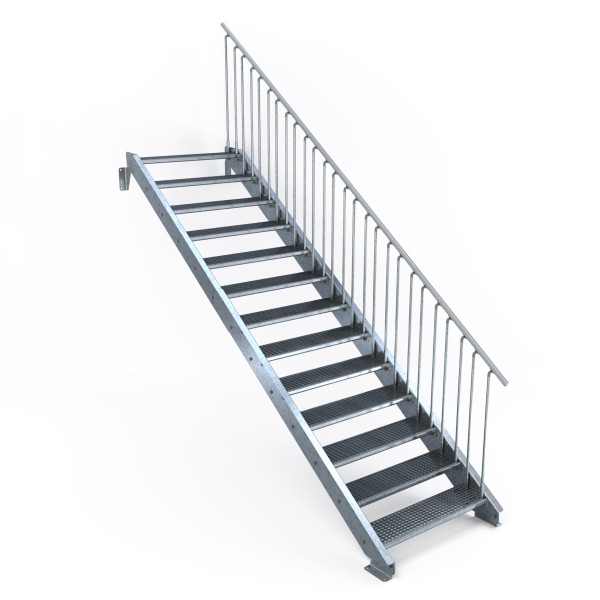 Stahltreppe 13 Stufen in Normbreiten 80 - 100 - 120 cm, Geländer rechts
