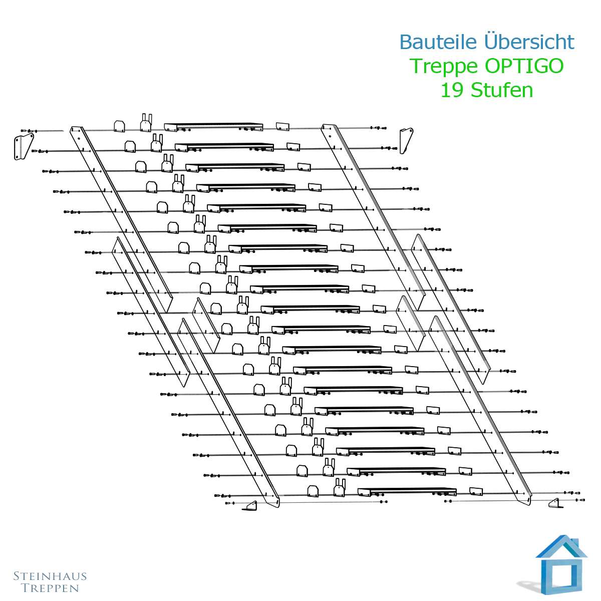 Aussentreppe Stahl 19 Stufen 100 cm Breite für Höhen bis max