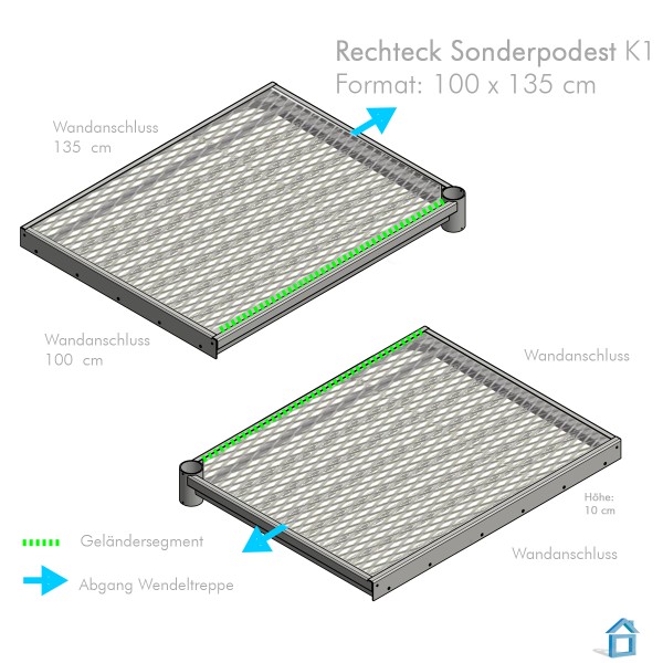 Podest Rechteck 100 x 135 cm für Wendeltreppe K1 222 cm