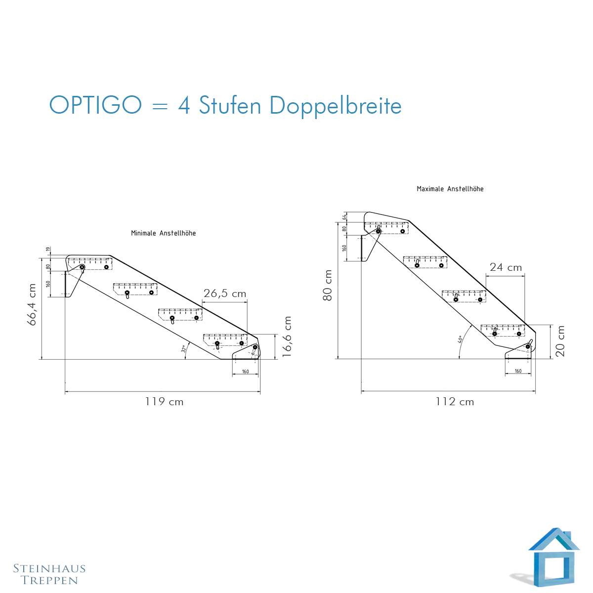 Aussentreppe Höhe 80 cm mit 4 Stufen Lauflbreite 200 cm, 220