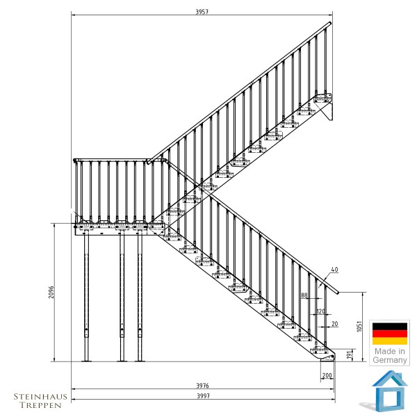 Außentreppe Stahl Bausatz mit MittelPodest, zum 2ten Stockwerk mit DIN