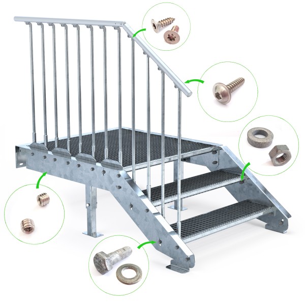 Schrauben aus Edelstahl zur OPTIGO Außentreppe am Treppengeländer