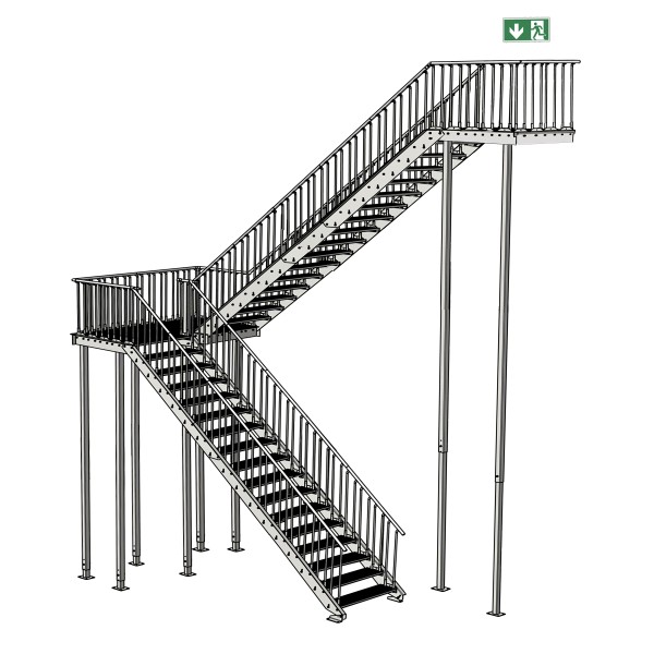 Stahltreppe 16 Stufen + Mittelpodest + 17 Stg. oben mit Abschluss-Podest seitlich links (P08)